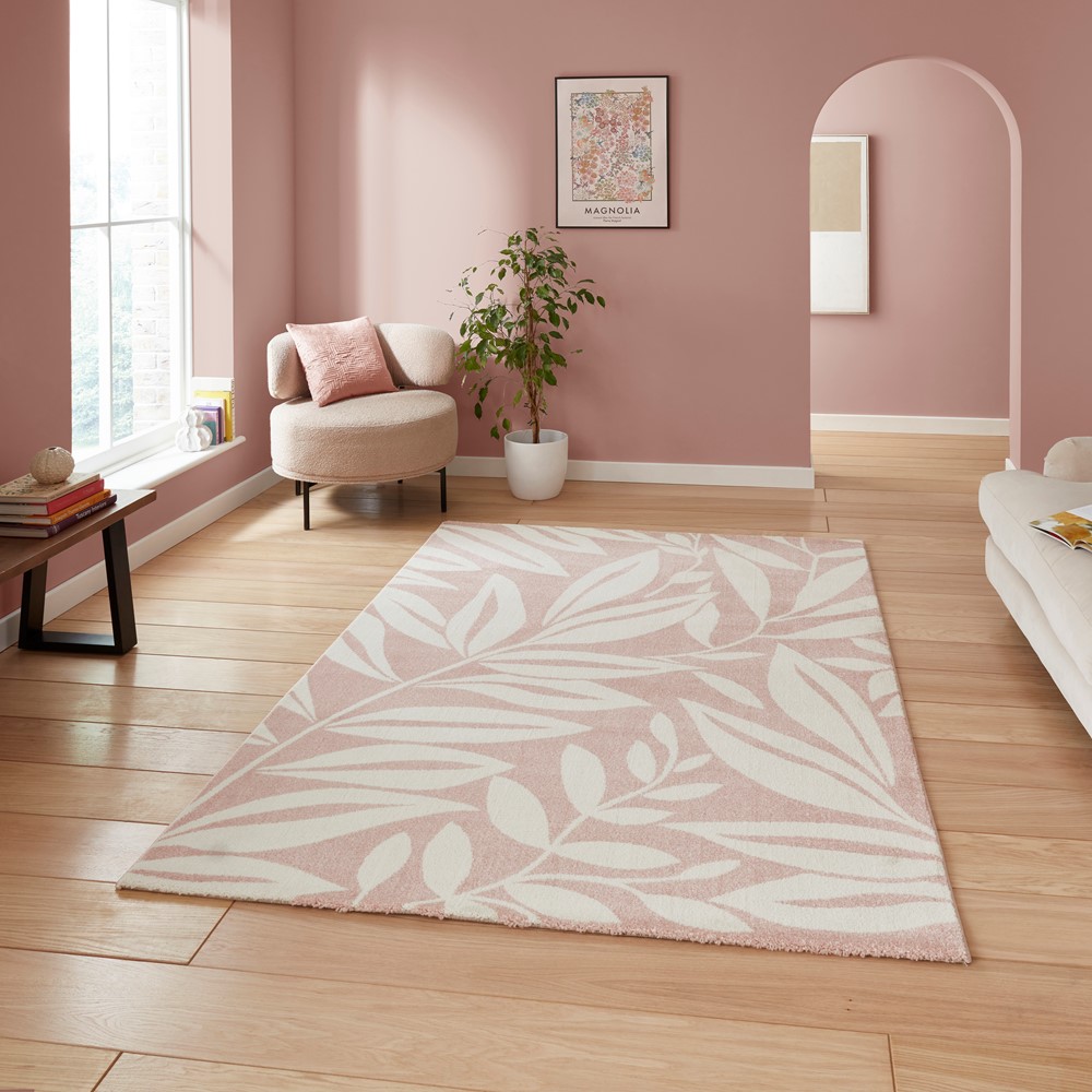 Sorral Leaves Modern Rugs by Catherine Lansfield in Rose Pink